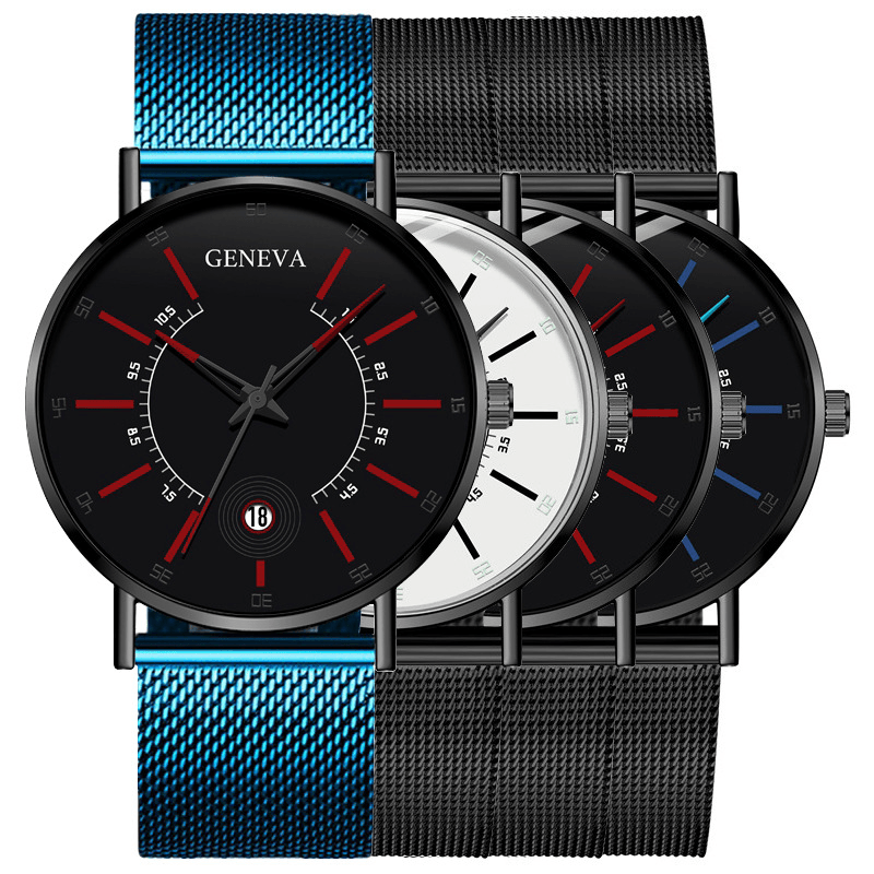 GENEVA Business Casual Colored Pointer Dial with Calendar Alloy Mesh Strap Men Quartz Watch - MRSLM