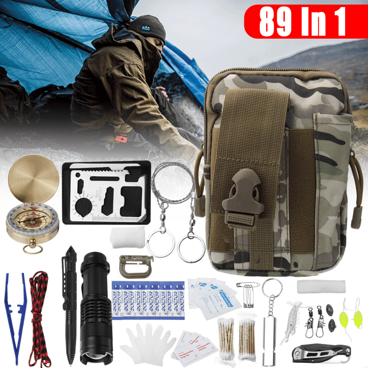 89 Pcs/Set SOS First Aid Kit Desert Camouflage Tactical Bag+Flashlight+3.5M Umbrella Rope+Tweezers+4-Pin+Cotton Swab (50PCS)+PVC Gloves (Pair)+D Buckle+1 Fish Bag Camping Survival Equipment EDC Hiking Gear Tool Outdoor Climbing Hunting - MRSLM