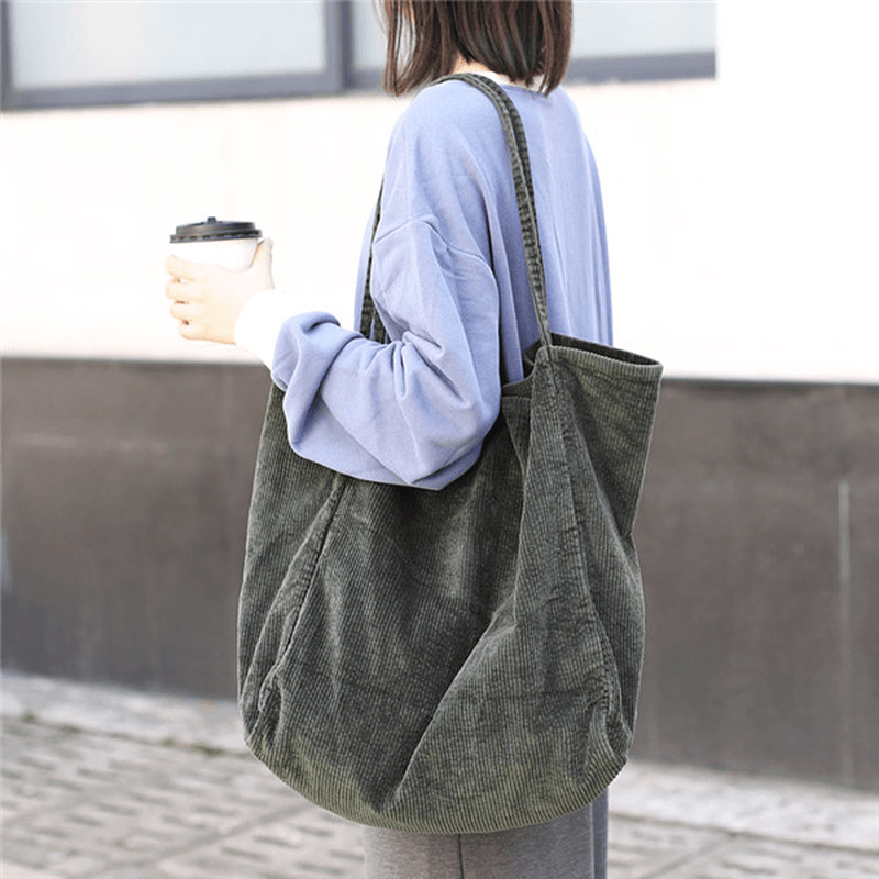 Women Corduroy Vintage Large-Capacity Shopping Bag Shoulder Bag Handbag - MRSLM