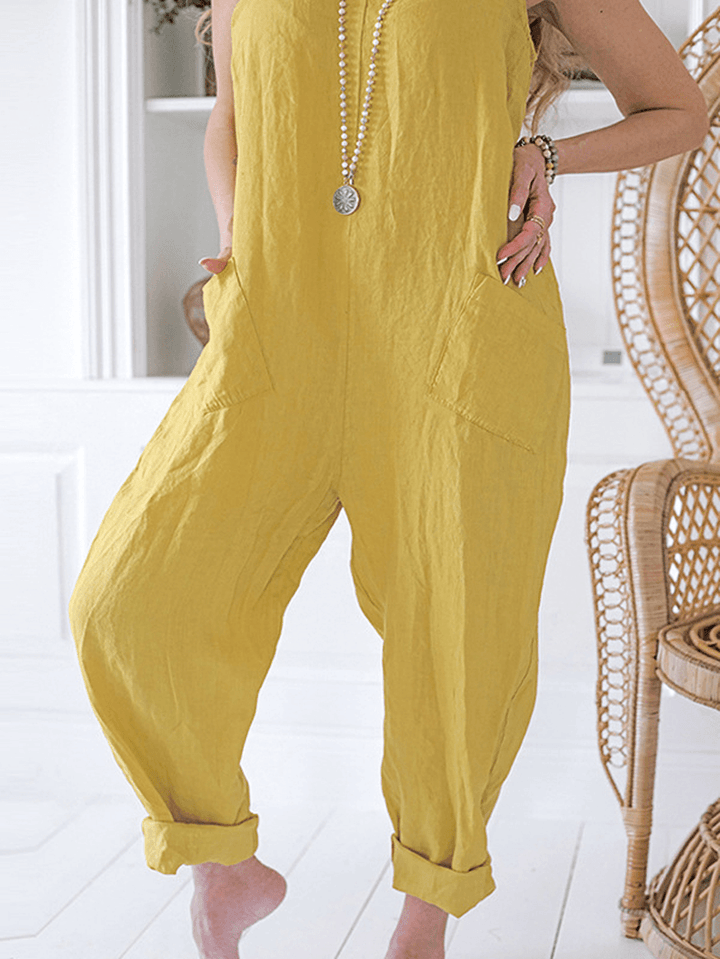 Women Solid Color String Double Pocket Loose Jumpsuits - MRSLM