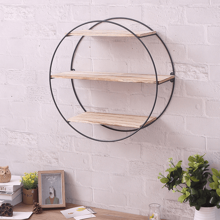 Round Wall Unit Retro Industrial Style Wood Metal Wall Shelf Rack Book Shelf Storage Rack - MRSLM