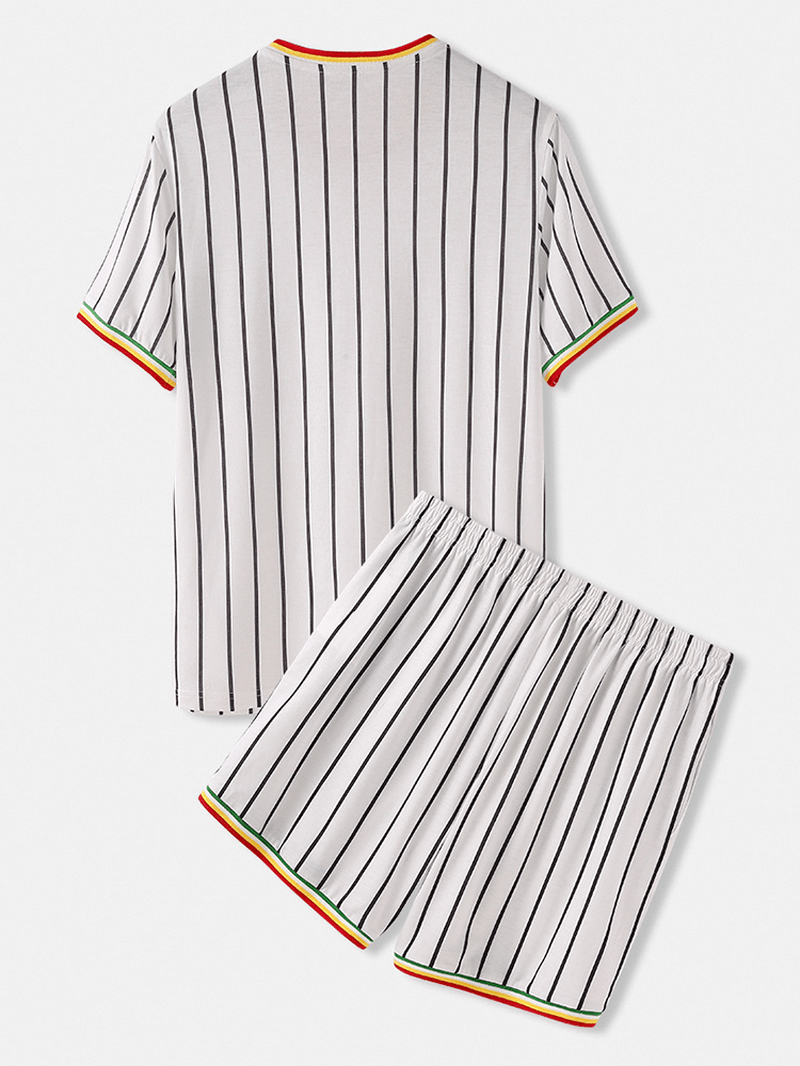 Mens Vertical Stripes Short Sleeve Elastic Waist Home Casual Two Piece Pajama Set - MRSLM