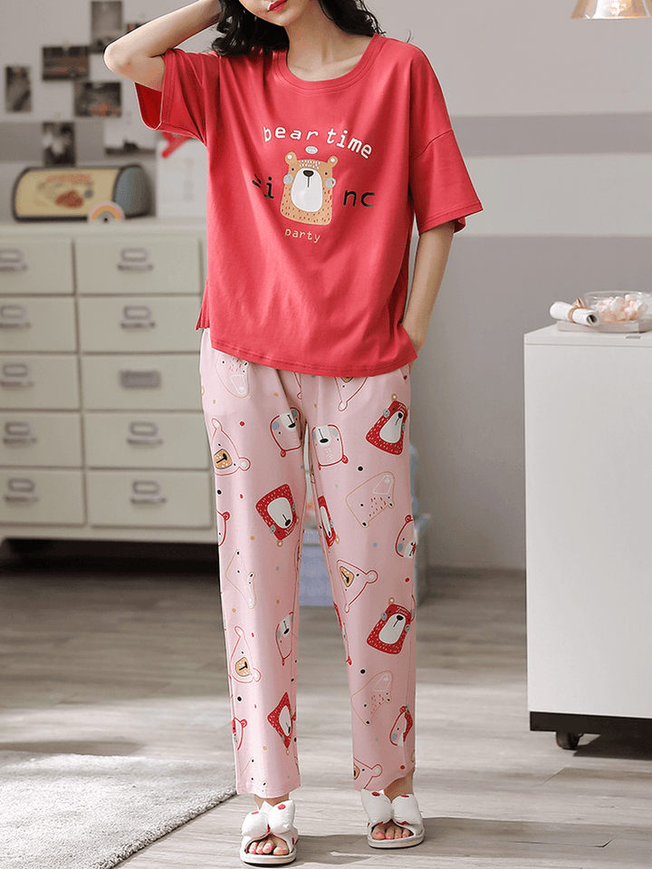 Women Floral Pattern Letter Print Short Sleeve Pocket Elastic Waist Home Pajama Sets - MRSLM