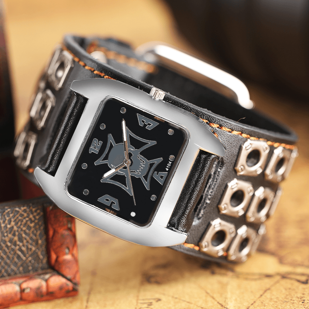 Vintage Square Dial Men Watch Hollow Skull Leather Quartz Watch - MRSLM