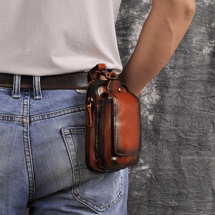 Men Retro Double Layer 6.3 Inch Phone Bag Waist Bag Matte Soft First Layer Cowhide Belt Bag - MRSLM