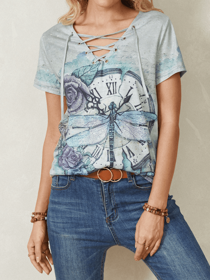 Women Calico Dragonfly Print V-Neck Bandage Casual Short Sleeve T-Shirts - MRSLM