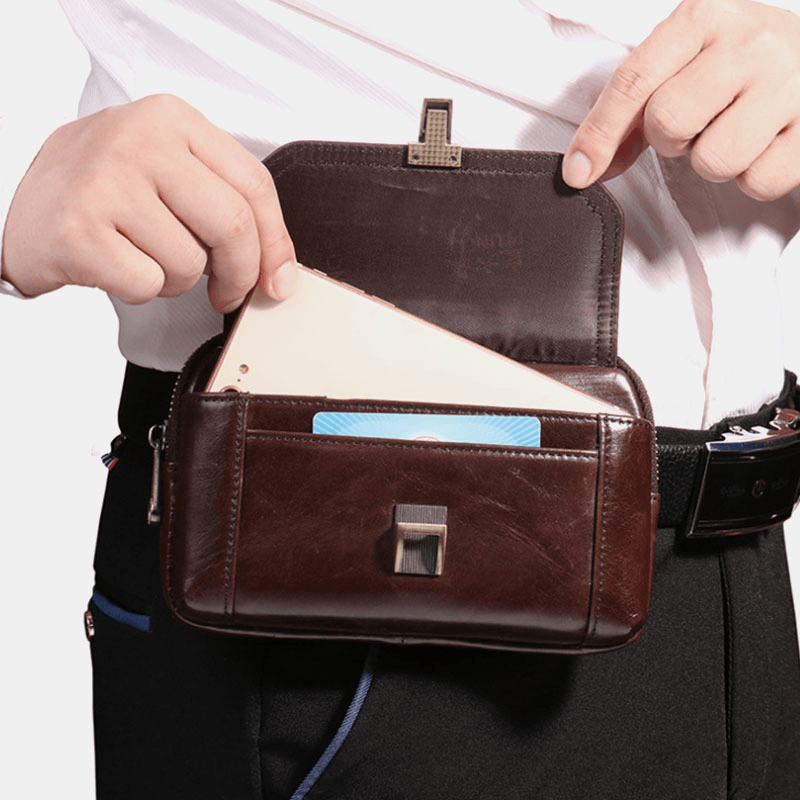 Men Mini Genuine Leather 6.5 Inch Phone Holder Waist Pack Belt Bag Crossbody Bag - MRSLM