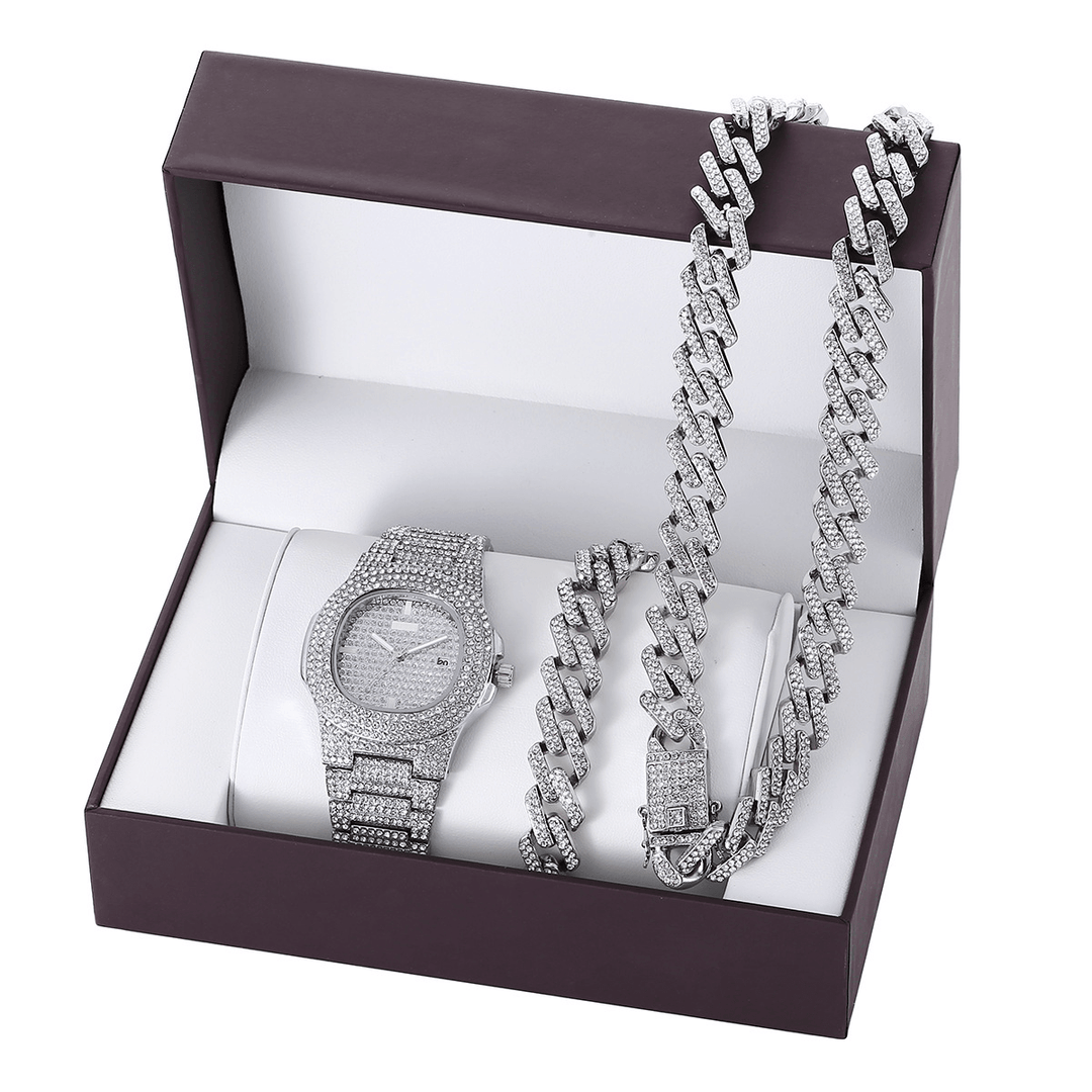 3PCS / Set Luxury Fashion Men Watch Set Inlaid Rhinestones Steel Strap Quartz Watch Necklace Bracelet - MRSLM