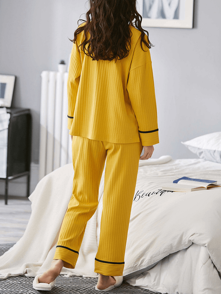 Women Ribbed Letter Print Cartoon Graffiti Pullover Elastic Waist Pocket Home Casual Yellow Pajama Set - MRSLM