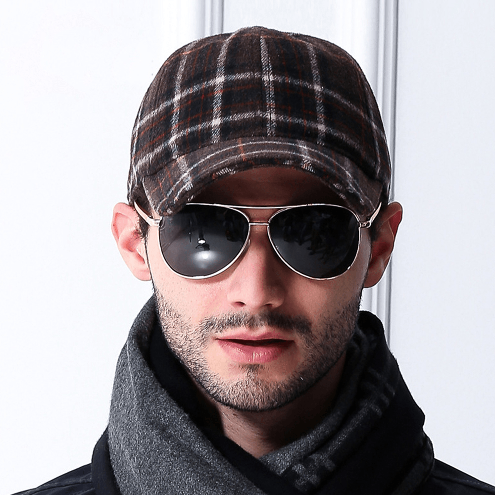 Men Felt Britsh Style Plaids Patchwork Color All-Match Daily Warm Baseball Hat - MRSLM