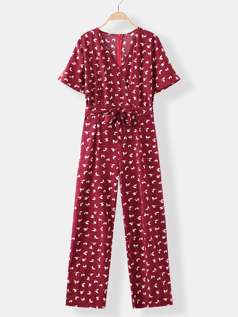 Chiffon V-Neck Print Short Sleeve Causal Jumpsuit - MRSLM