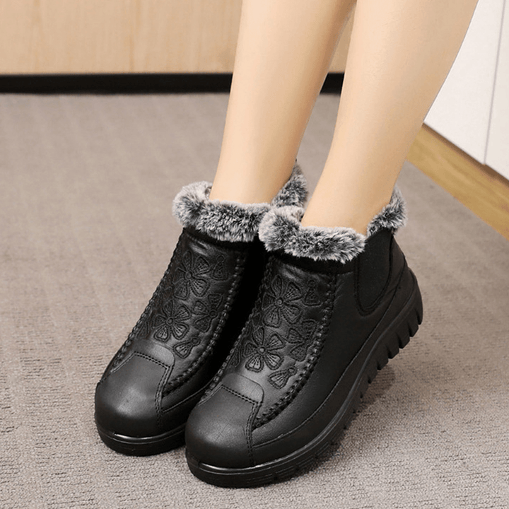 Women Comfy Floral Embroidered Waterproof Warm Lining Cotton Snow Boots - MRSLM