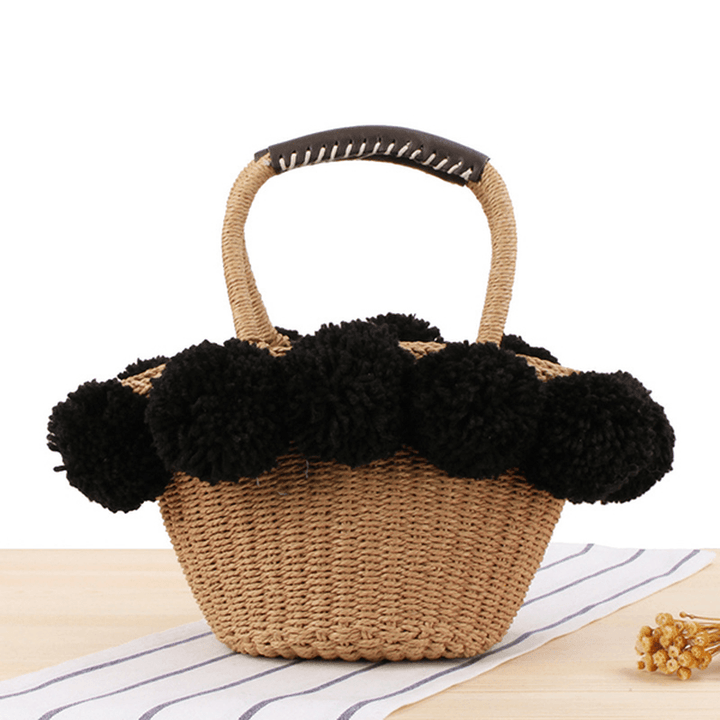 Women Travel Woven Beach Bag Cute Contrast Plush Ball Straw Handbag - MRSLM