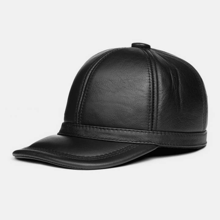 Men Soft Leather Wide Brim Dome Baseball Cap Built-In Ear Protection Earmuffs Winter Thicken Warmth Cowhide Hat - MRSLM