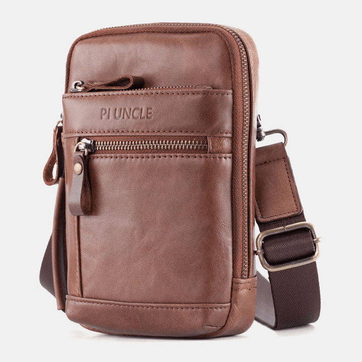 Men Genuine Leather Multi-Layer Crossbody Bag Waist Belt Bag Shoulder Bag Phone Bag - MRSLM