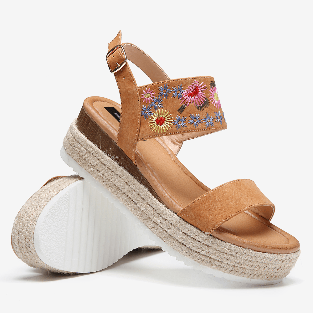 Women Espadrilles Embroidery Flowers Buckle Strap Slingback Platform Sandals - MRSLM