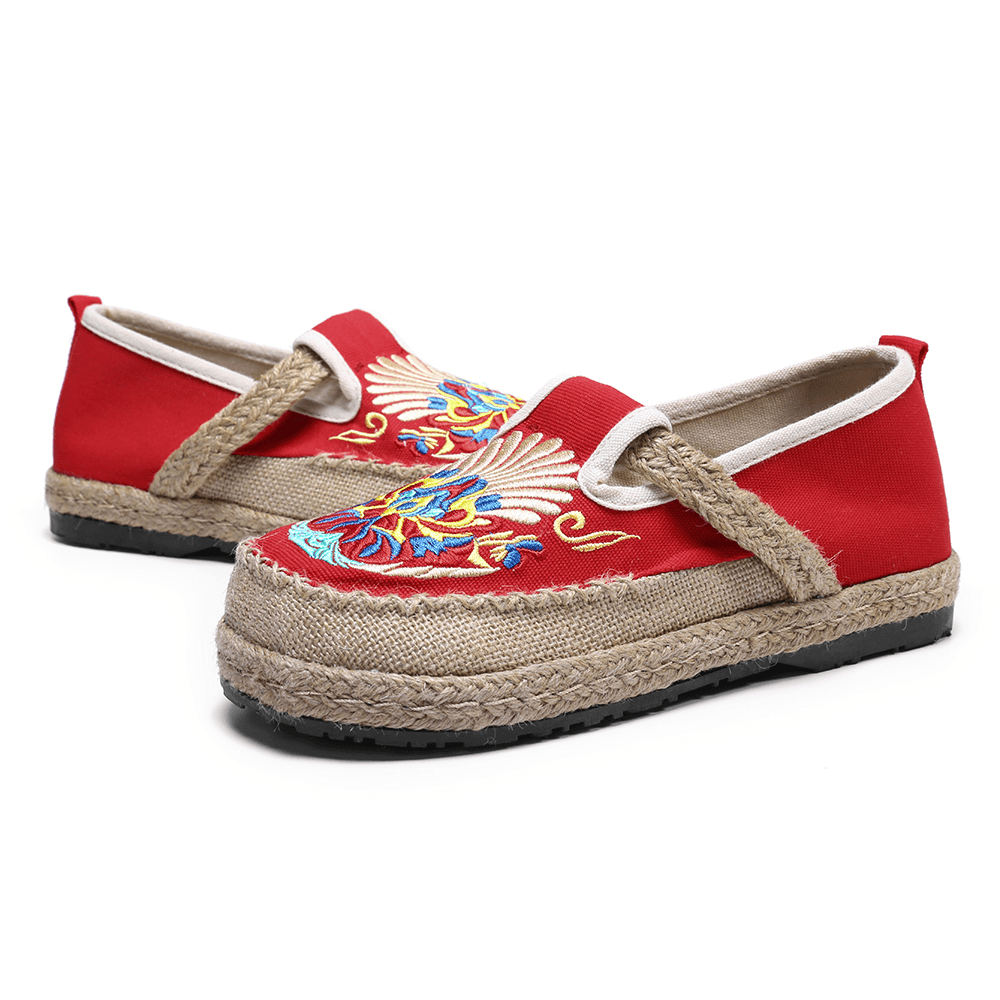 Women Linen Comfy Embroidery Straw Slip on Flat Loafers - MRSLM