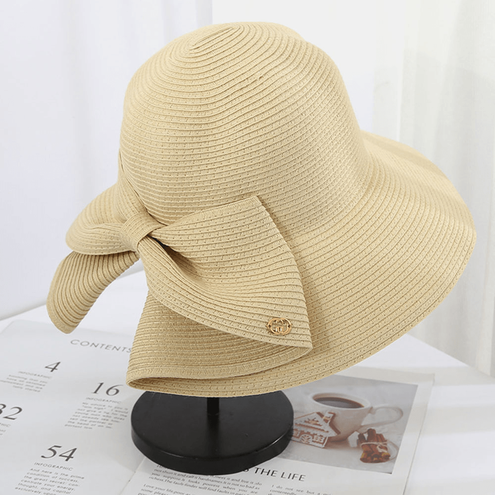 Women Foldable Rear Split Design Bow Straw Hat Adjustable Breathable Summer Casual Wild Sunshade Bucket Hat - MRSLM