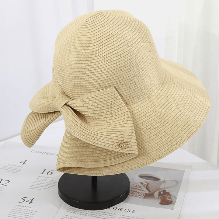 Women Foldable Rear Split Design Bow Straw Hat Adjustable Breathable Summer Casual Wild Sunshade Bucket Hat - MRSLM