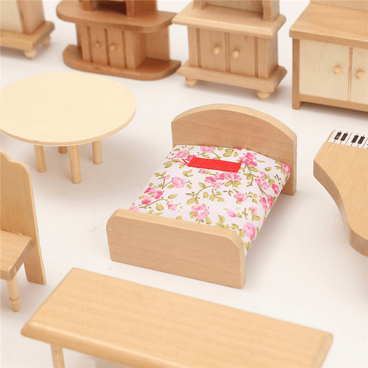 New 29 Pcs 1:24 Scale Dollhouse Miniature Unpainted Wooden Furniture Model Suite - MRSLM