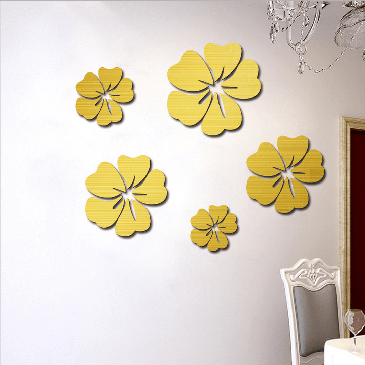 5Pcs Flower Pattern Mirror Sticker Home Decor 3D Decal Art DIY Mural Decal for Living Room Decoration PVC Self Adhesive Poster - MRSLM