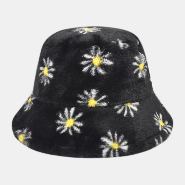 Women Lamb Hair Soft Warm plus Thicken Casual All-Match Cute Daisy Flower Pattern Bucket Hat - MRSLM