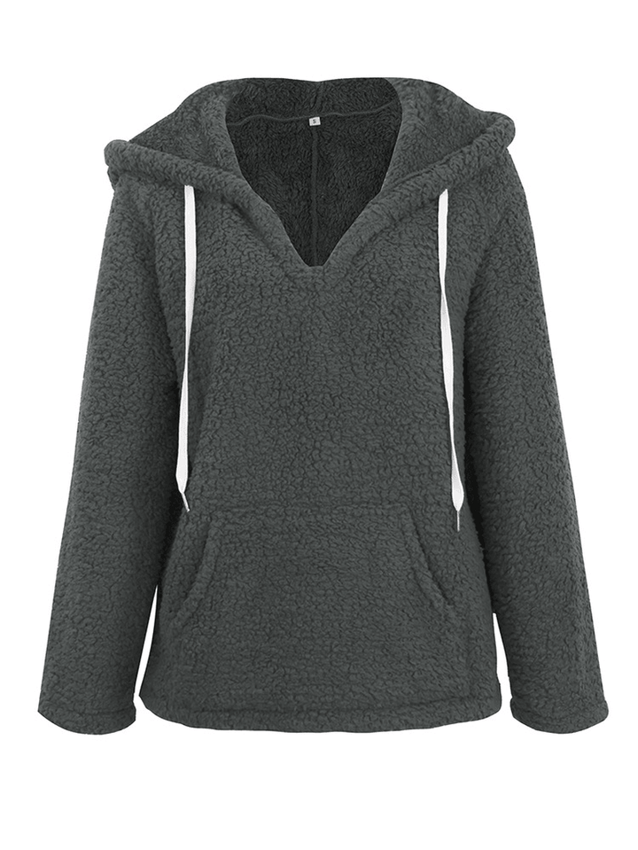 Women V-Neck Hooded Solid Color Fleece Coats - MRSLM