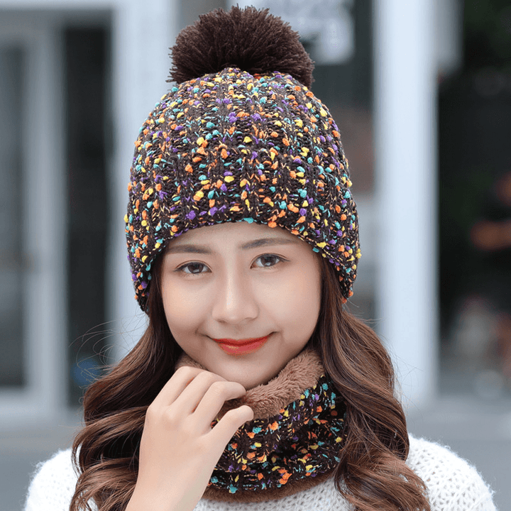 Thick Warm Wool Cap Bib Two-Piece Set Beanie Warm Winter Pom Cap - MRSLM