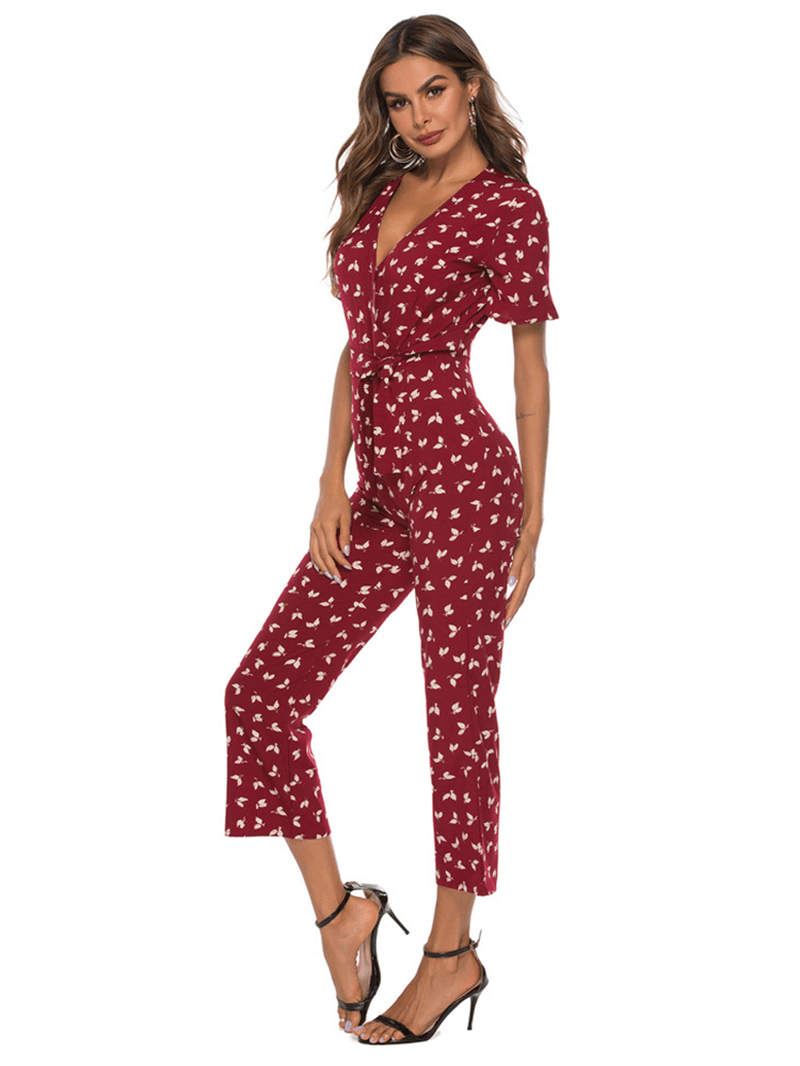 Chiffon V-Neck Print Short Sleeve Causal Jumpsuit - MRSLM