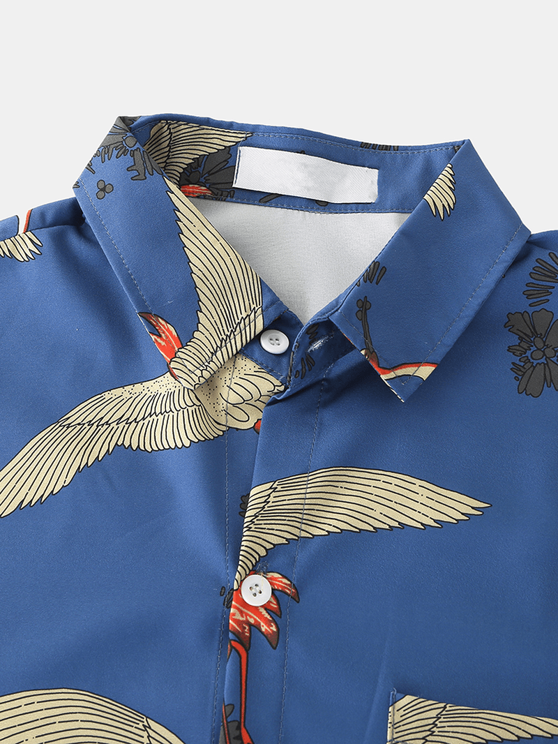 Mens Cotton Crane Print Turn Collar Short Sleeve Shirts - MRSLM