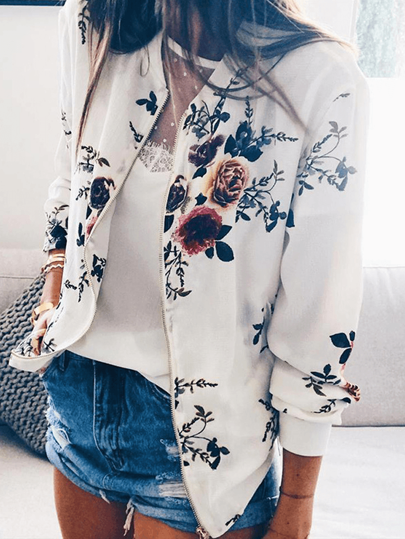 Women Casual round Neck Zipper Floral Print Long Sleeve Coats - MRSLM