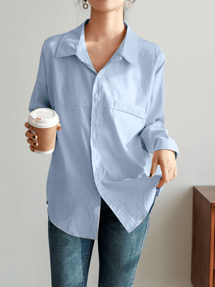 Solid Color Lapel Long Sleeve Plain Daily Casual Shirts for Women - MRSLM