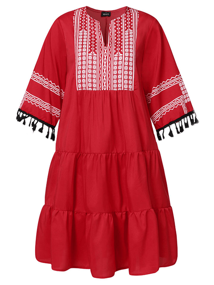 Bohemian Print Tassel Patchwork Loose O-Neck Casual Dress - MRSLM