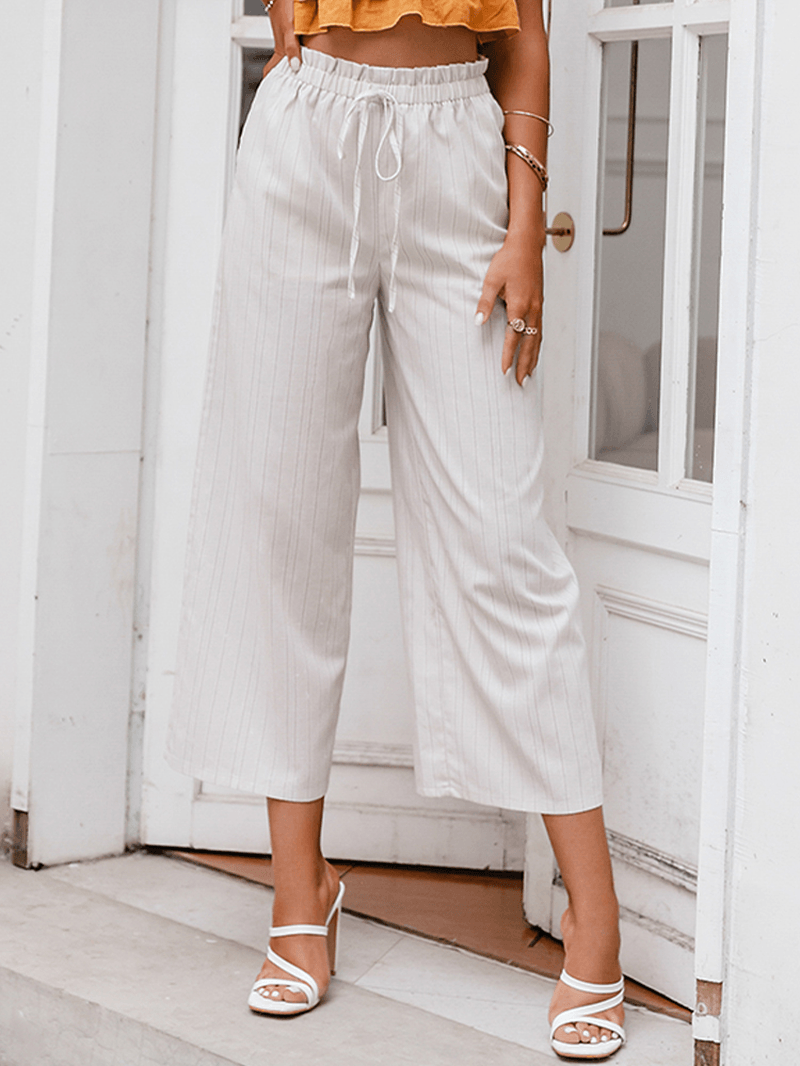 Striped Print Knotted Pocket Loose Casual Cropped Pants - MRSLM