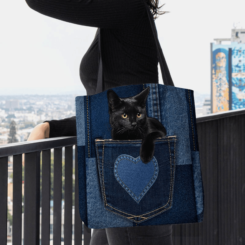 Women Felt Cute 3D Three-Dimensional Black Cat inside Jeans Pattern Shoulder Bag Handbag Tote - MRSLM