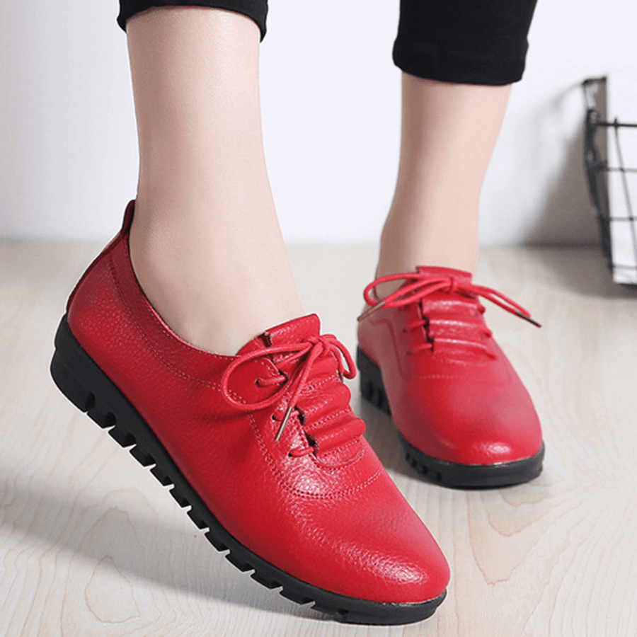 Women Non-Slip Solid Color Leather Lace-Up Soft Sole Flats - MRSLM