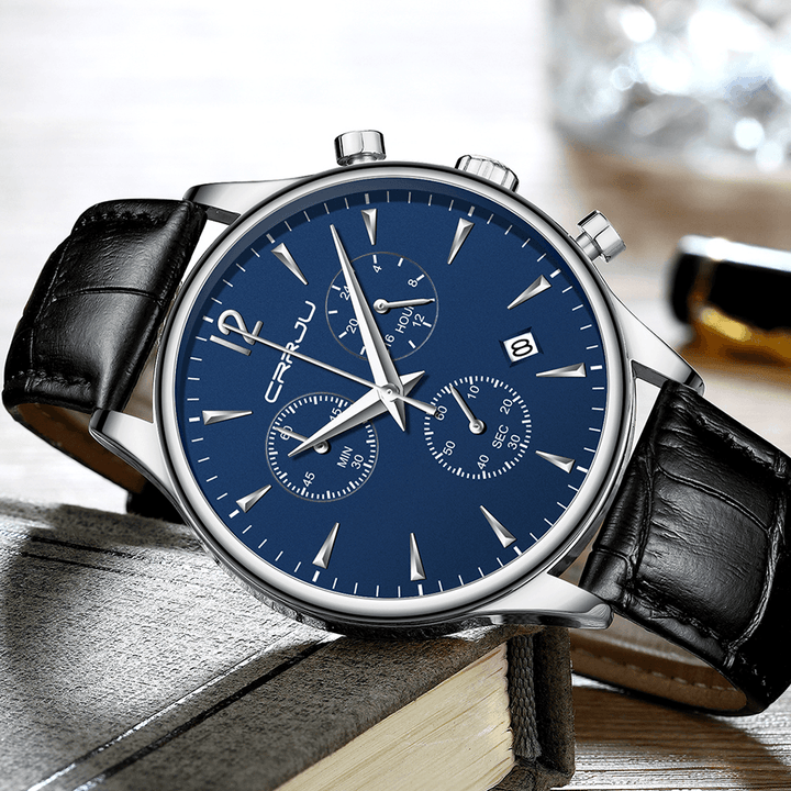 CRRJU 2272 Fashion Leather Strap Japan Movement Calendar Waterproof Men Quartz Watch - MRSLM