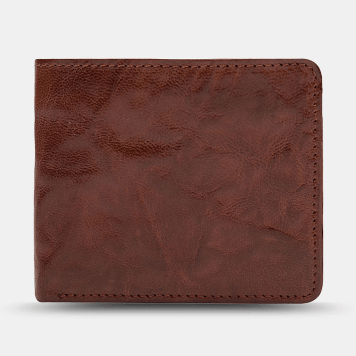 Men Genuine Leather Vintage Business Vegetable Tanned Cowhide Wear-Resistant Bifold Short Money Clips Coin Wallet - MRSLM