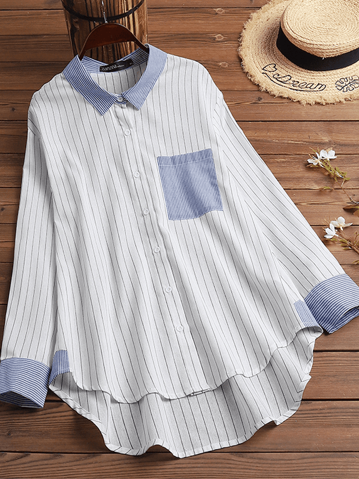 Women Cotton Stripe Print Patchwork Simple Daily Casual Shirts - MRSLM