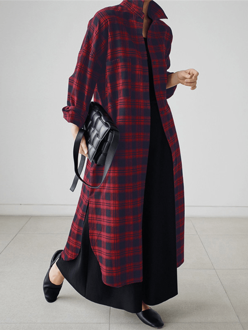 Women Plaid Retro Button Cuffs Split Side Pockets Lapel Long Sleeve Shirtdress Cardigan - MRSLM