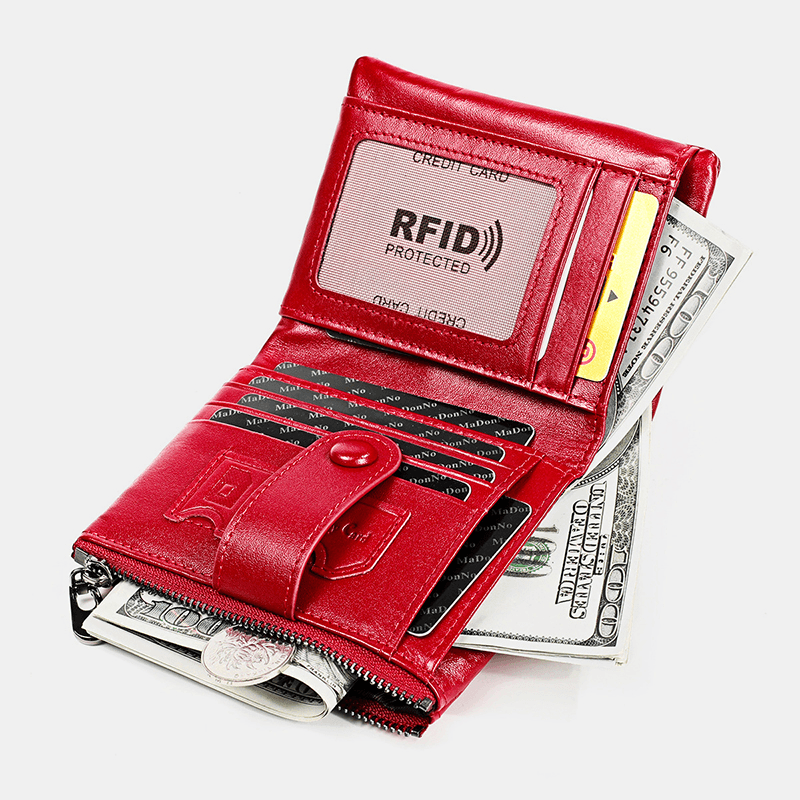 Men Genuine Leather RFID Double Zipper Retro Business Casual Style Multi-Pocket Solid Color Wallet with Chain - MRSLM