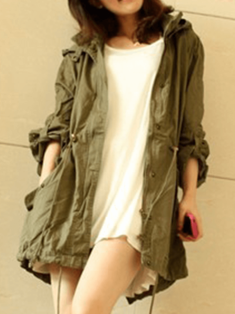 Women Solid Color Drawstring Waist Casual Hooded Coats with Pocket - MRSLM