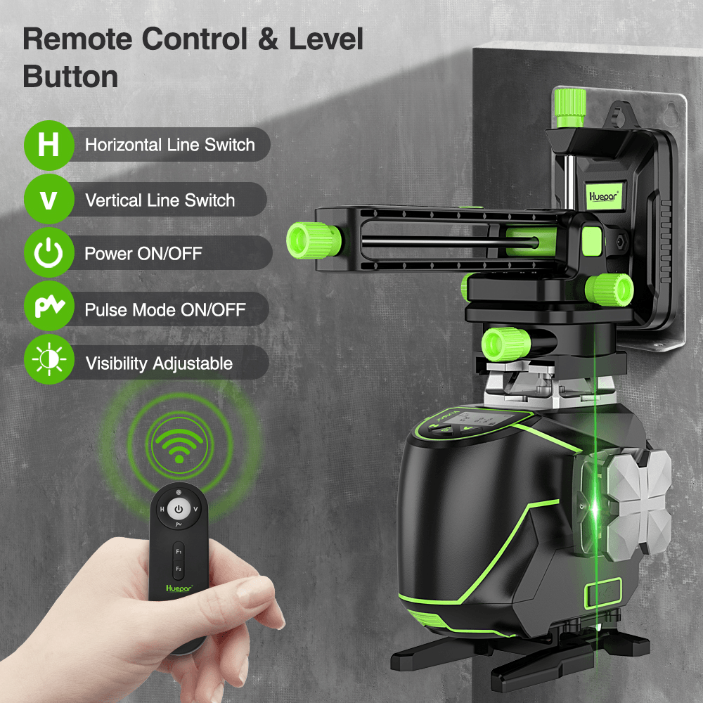 Huepar S03DG 12 Lines 3D Cross Line Laser Level LCD Display Bluetooth & Remote Control Functions Green Beam with Hard Carry Case - MRSLM