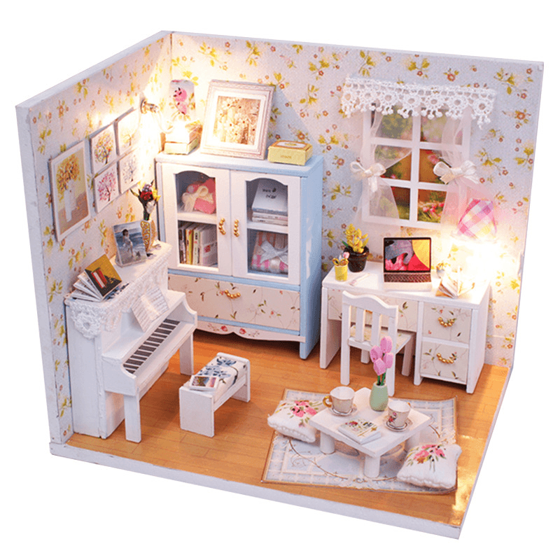 Wooden DIY Handmade Assemble Miniature Doll House Kit Toy with LED Light Dust Cover for Gift Collection Home Decoration - MRSLM