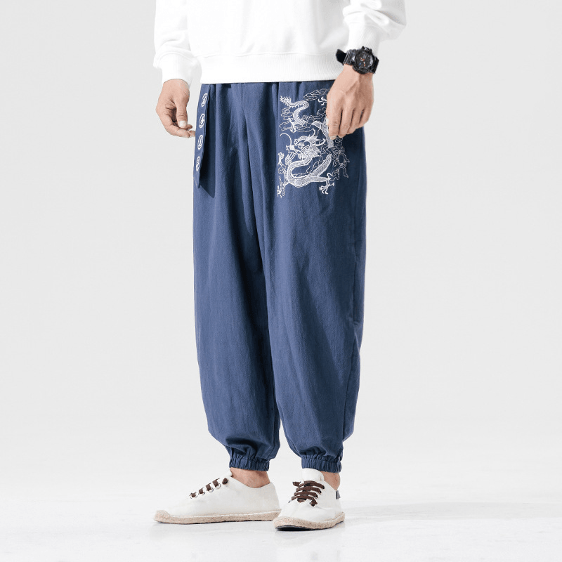 Chinese Style Large Size Dragon and Tiger Embroidery Youth Mens Cotton and Linen Casual Pants - MRSLM