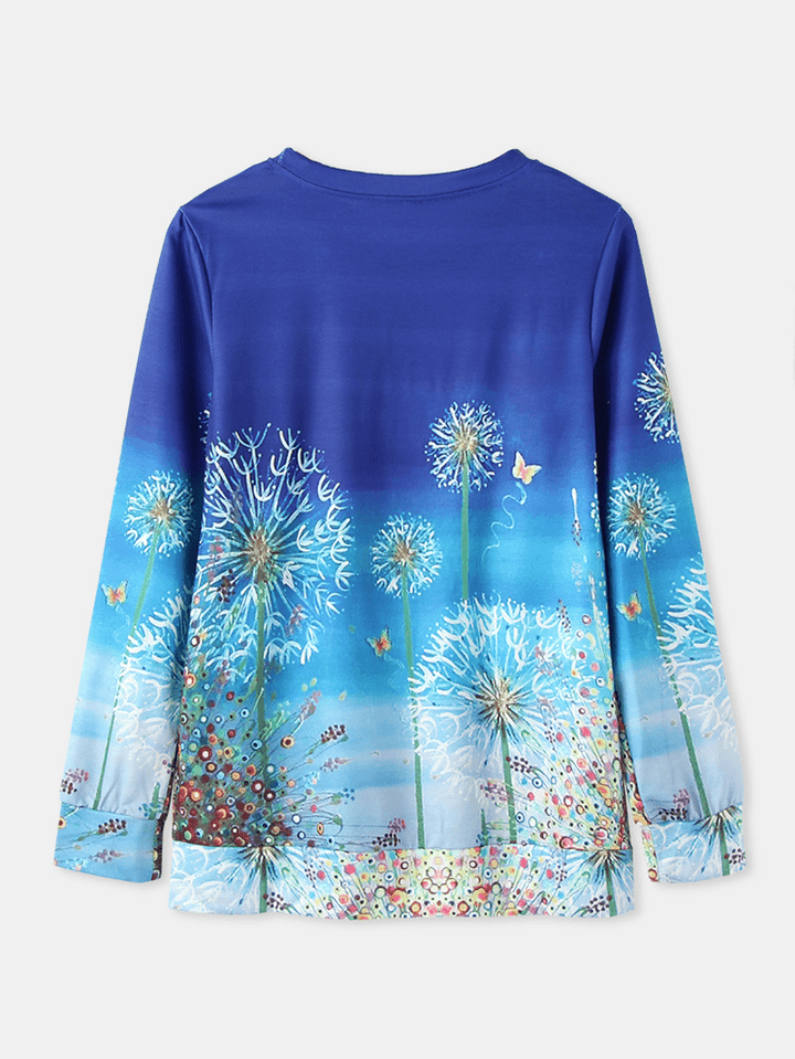 Women Flower Printed Ombre Long Sleeve O-Neck Daily T-Shirt - MRSLM