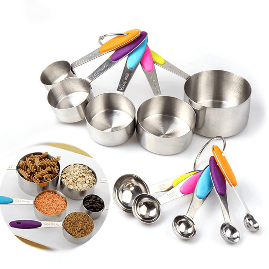 10Pcs Stainless Steel Measuring Cups & Spoons Tea Spoon Set Kitchen Tool - MRSLM