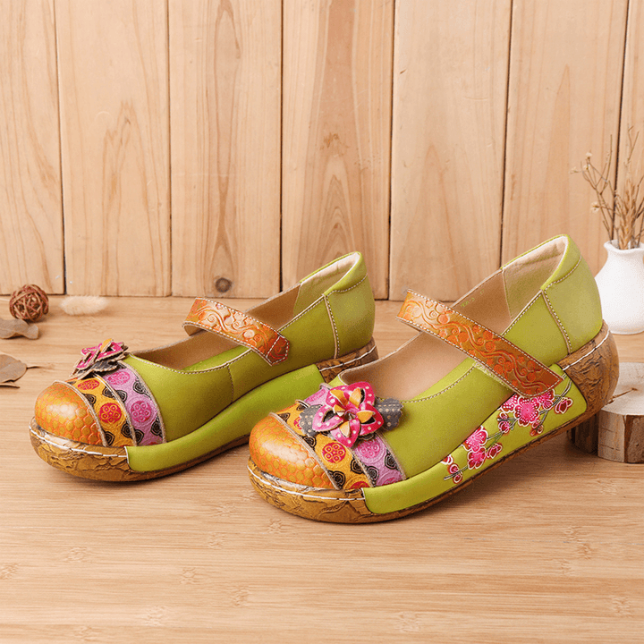 Women Genuine Leather Folkways Vintage Flowers Hook Loop Summer Platform Wedge Sandals - MRSLM