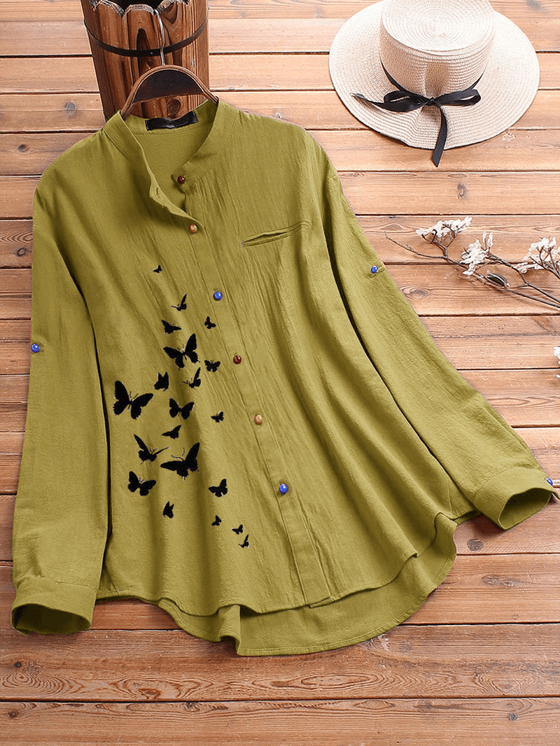 Butterfly Print Button Causal Shirts Blouse - MRSLM