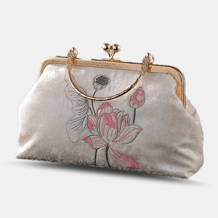 Women Elegant Chinese Style Flower Pattern Embroidery Handbag Exquisite Hardware Design Fine Texture Fabric Cheongsam Clutch Bag - MRSLM